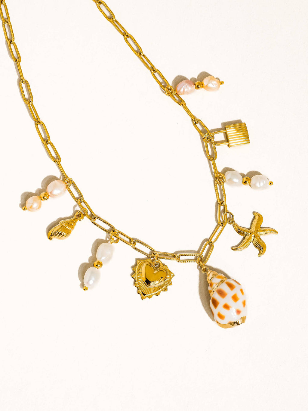 18K Gold Non-Tarnish Shell and Pearl Charm Necklace