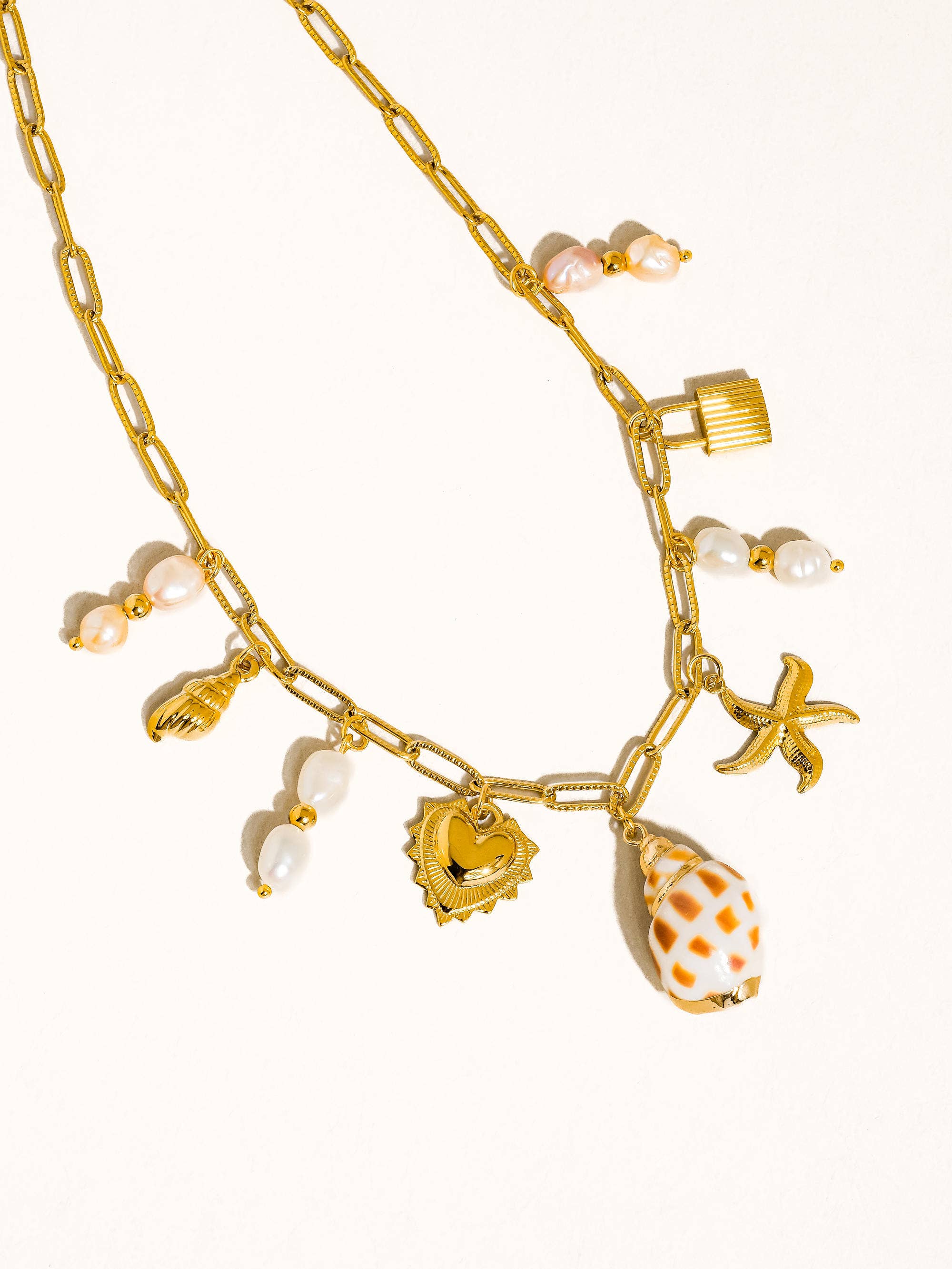 18K Gold Non-Tarnish Shell and Pearl Charm Necklace