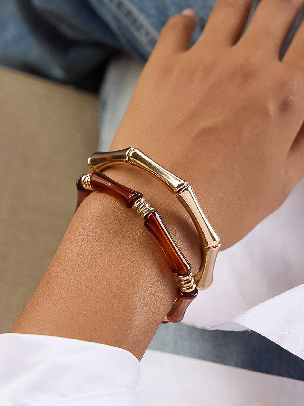 Alun 18K Gold Non-Tarnish Bamboo Resin Bangle Set
