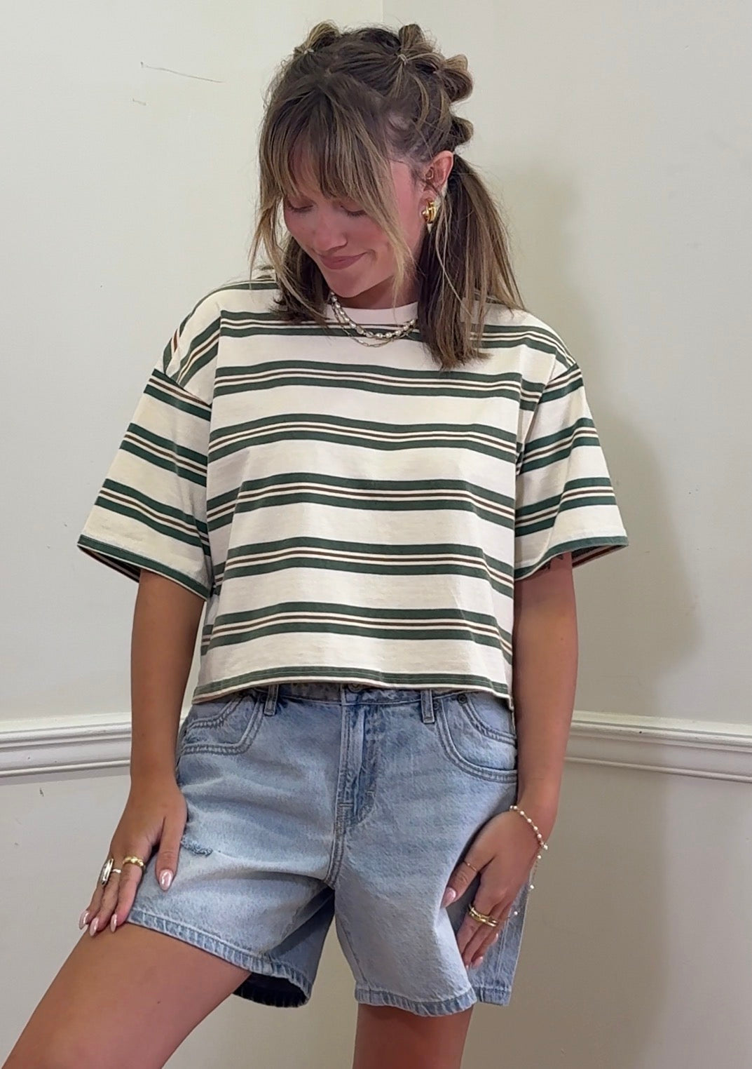 Vintage Washed Striped Cotton Crop Tee