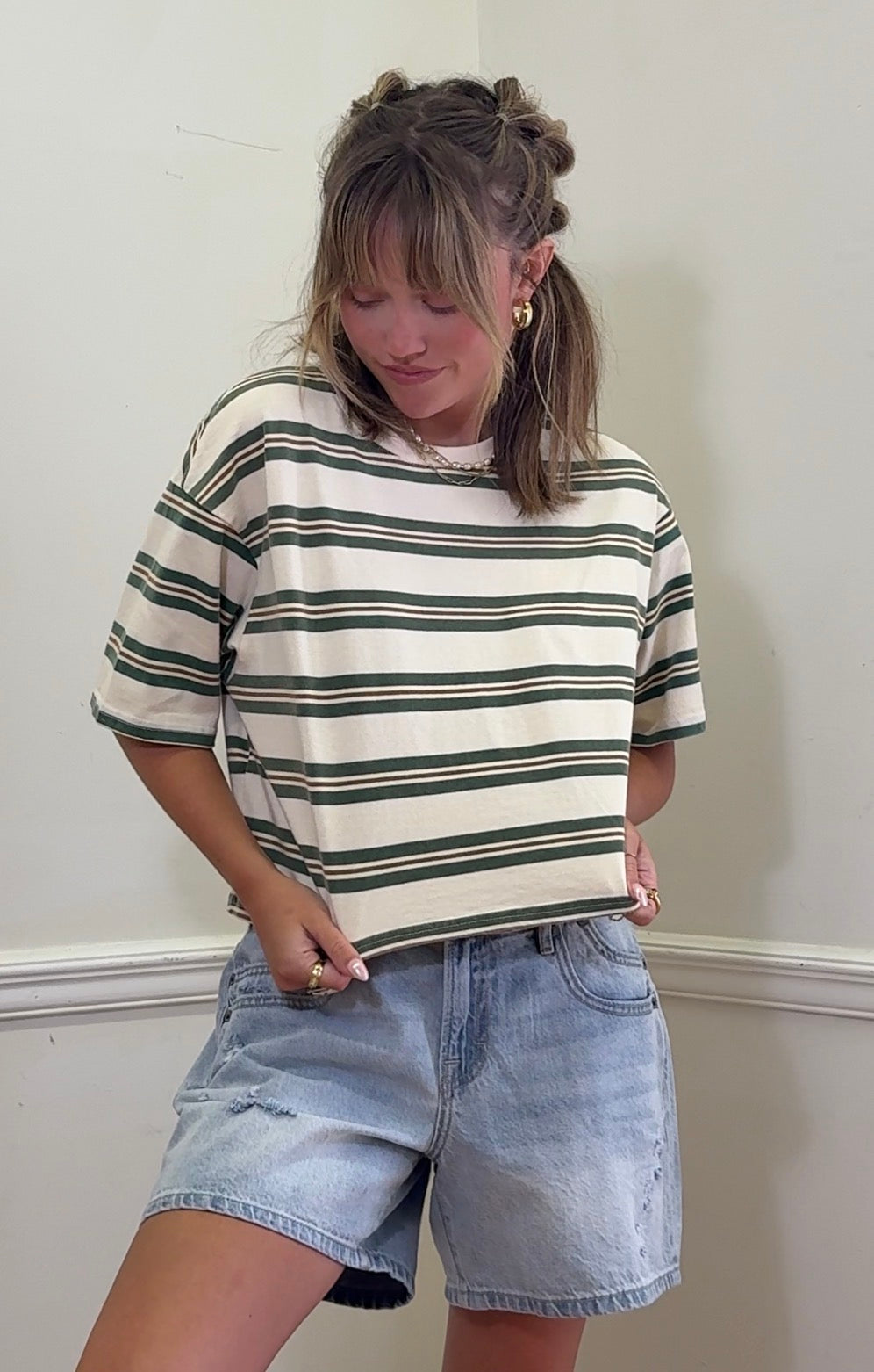 Vintage Washed Striped Cotton Crop Tee