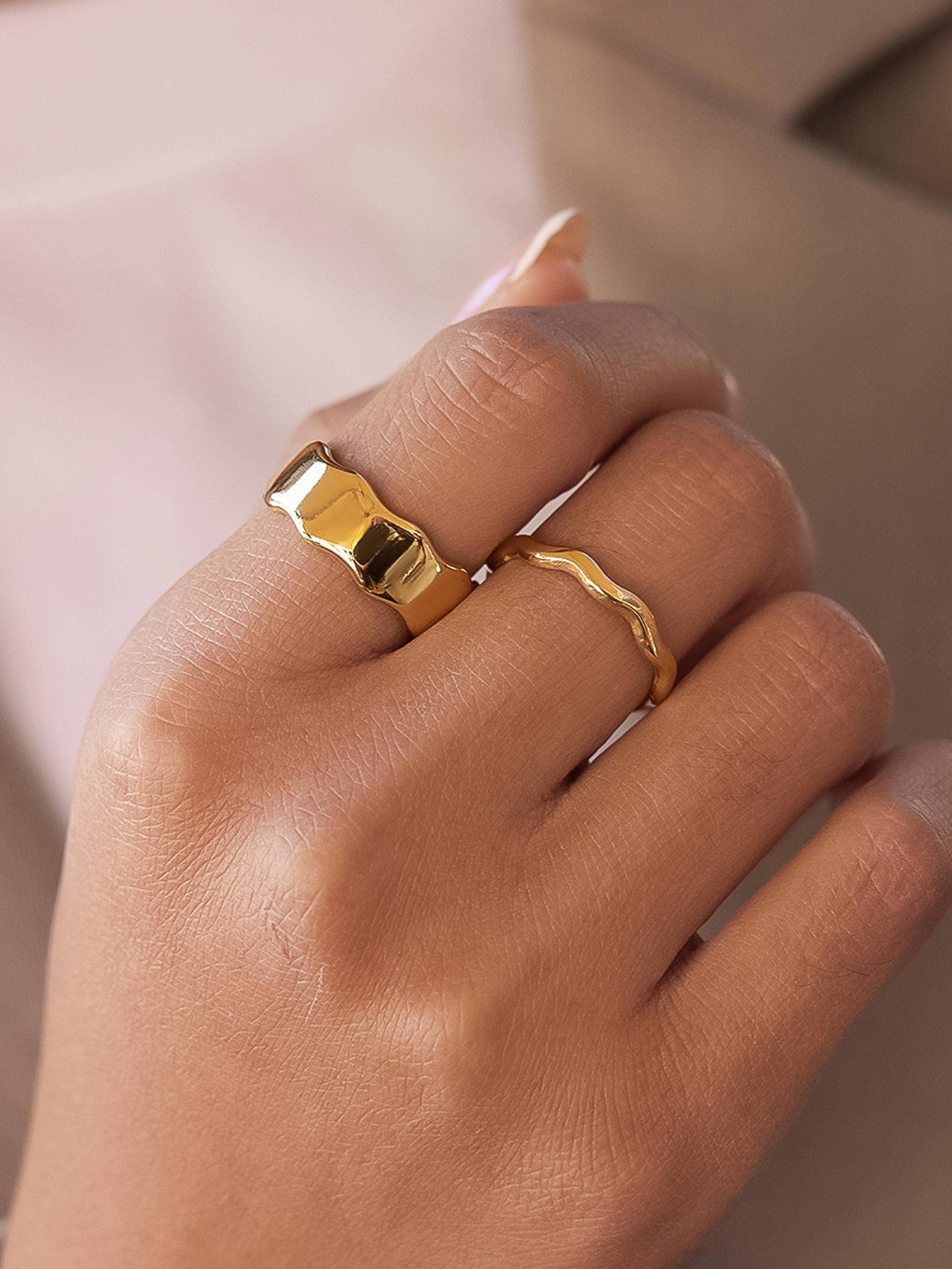 18K Gold Non-Tarnish Wave Open Rings