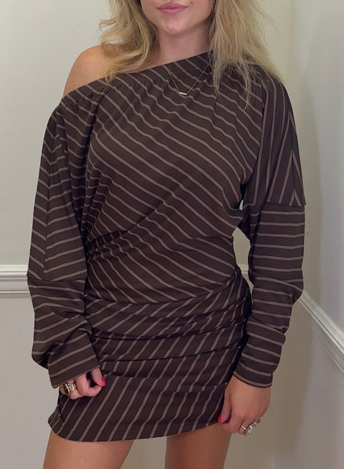 Stripe Crossover Off-the-Shoulder Draped Romper
