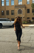 Stretchy woven v-cut waistline capri pants w/ lace detail