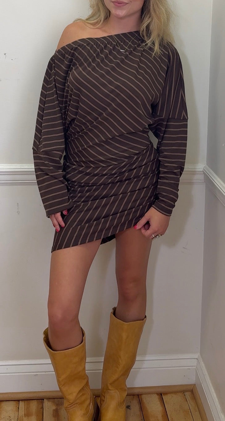 Stripe Crossover Off-the-Shoulder Draped Romper