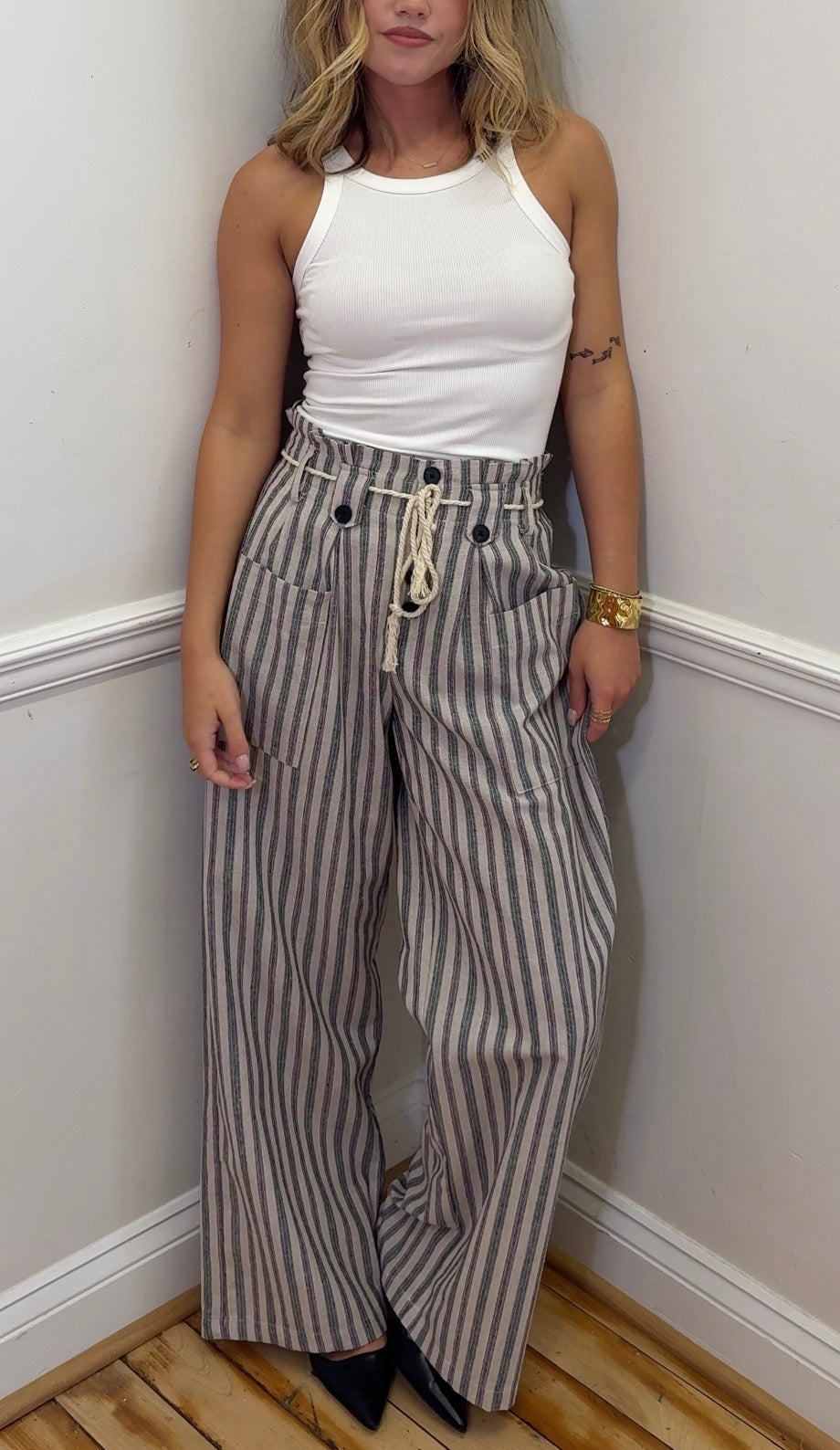 Cally Stripe Drawstring Wide-Leg Pants