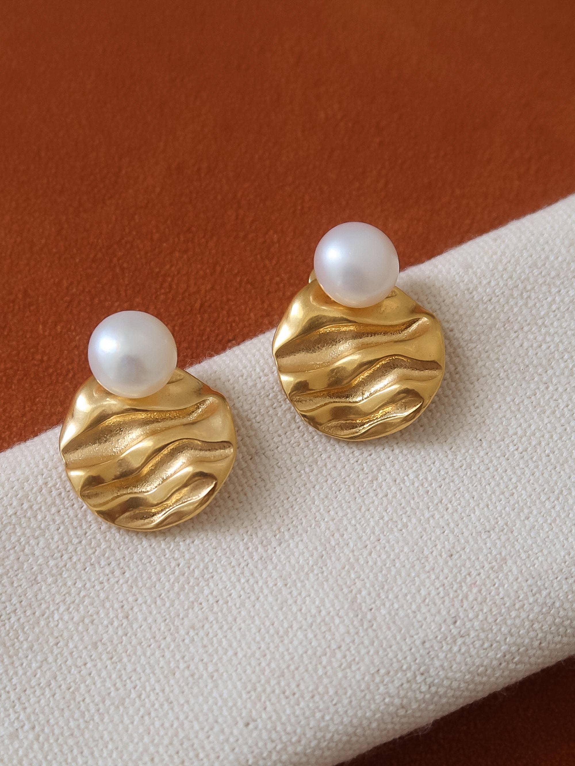 Laurelle 18K Gold Non-Tarnish Textured Pearl Stud Earrings