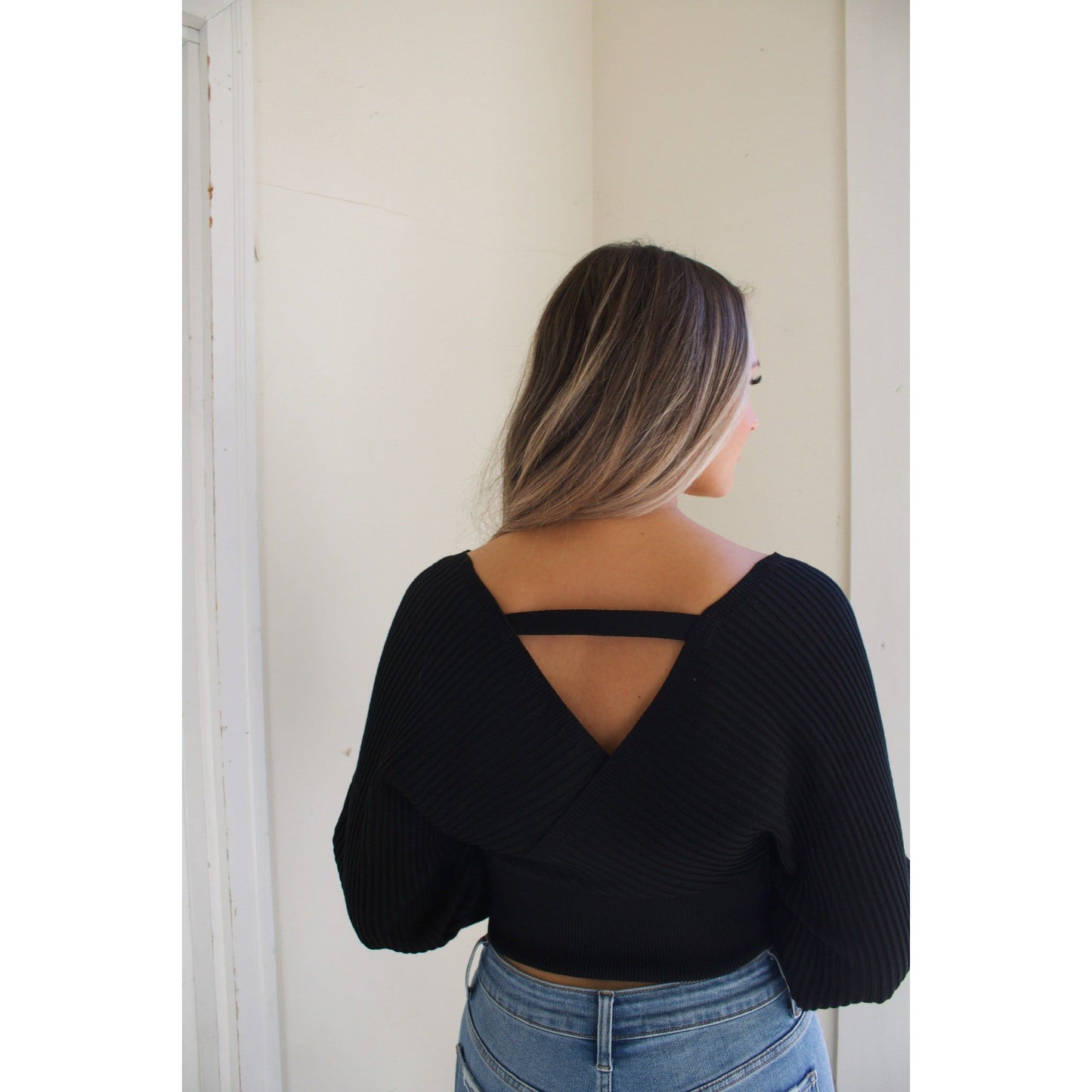 Ribbed Wrap V-Neck Sweater Top