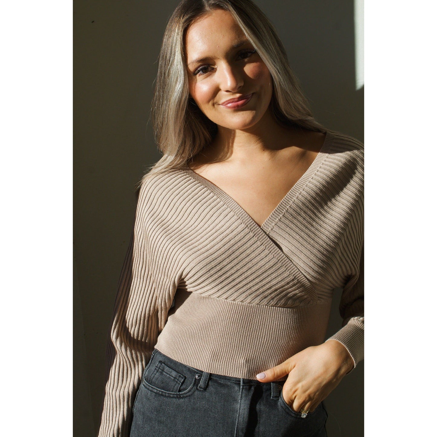 Ribbed Wrap V-Neck Sweater Top
