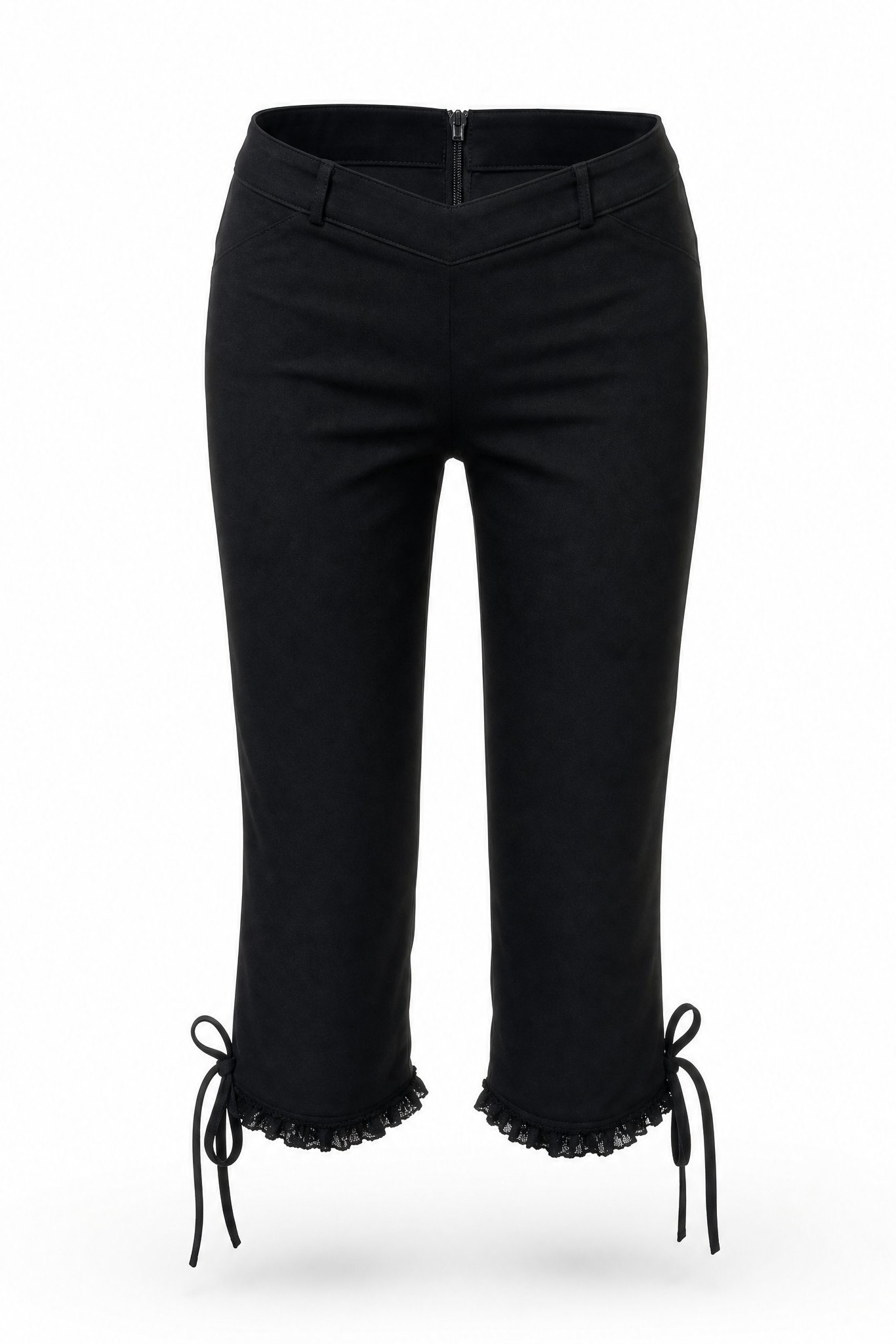 Stretchy woven v-cut waistline capri pants w/ lace detail