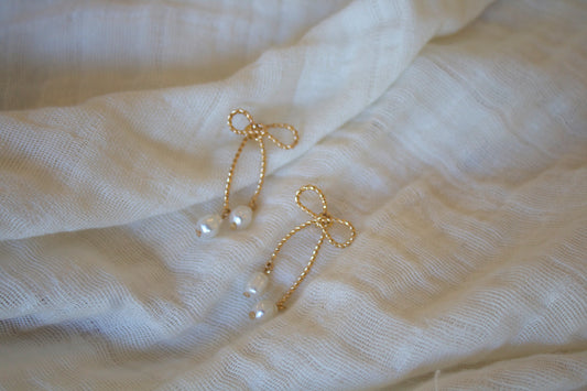 Gold Bow Pearl Drop Earrings