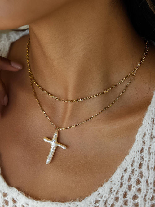 Collectique Aurise 18K Gold Non-Tarnish Freshwater Pearl Cross Necklace Necklace Flânerie by MAIQ Yellow Gold Collectique Yellow Gold Flânerie by MAIQ Necklace Aurise 18K Gold Non-Tarnish Freshwater Pearl Cross Necklace