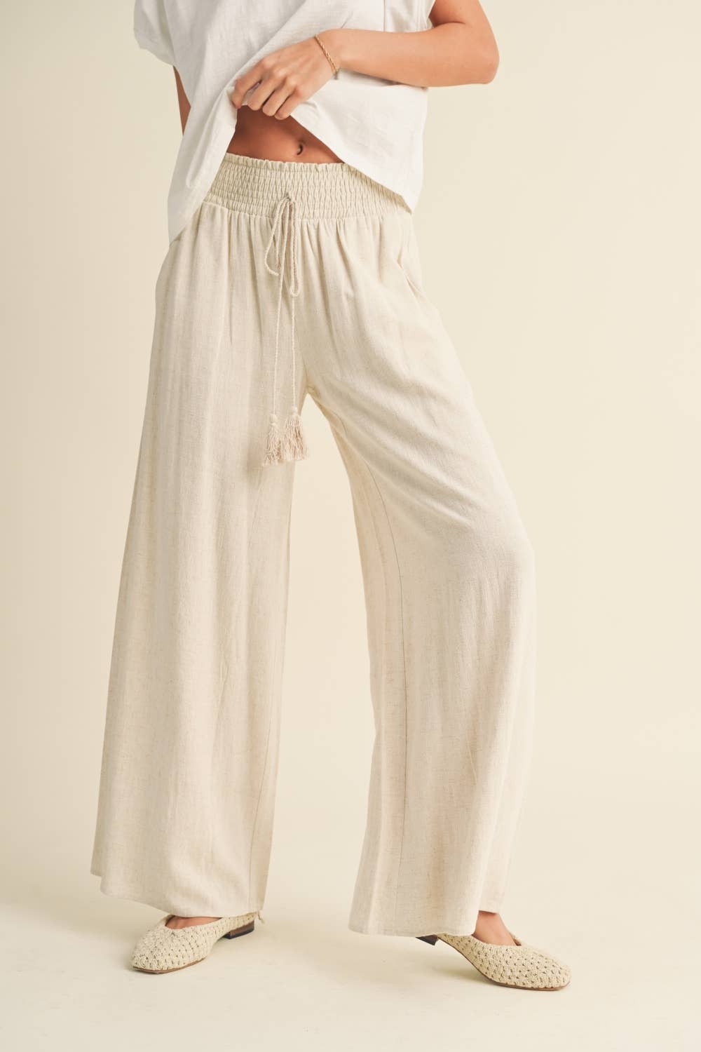 COTTON LINEN SMOCKED WAIST PANTS