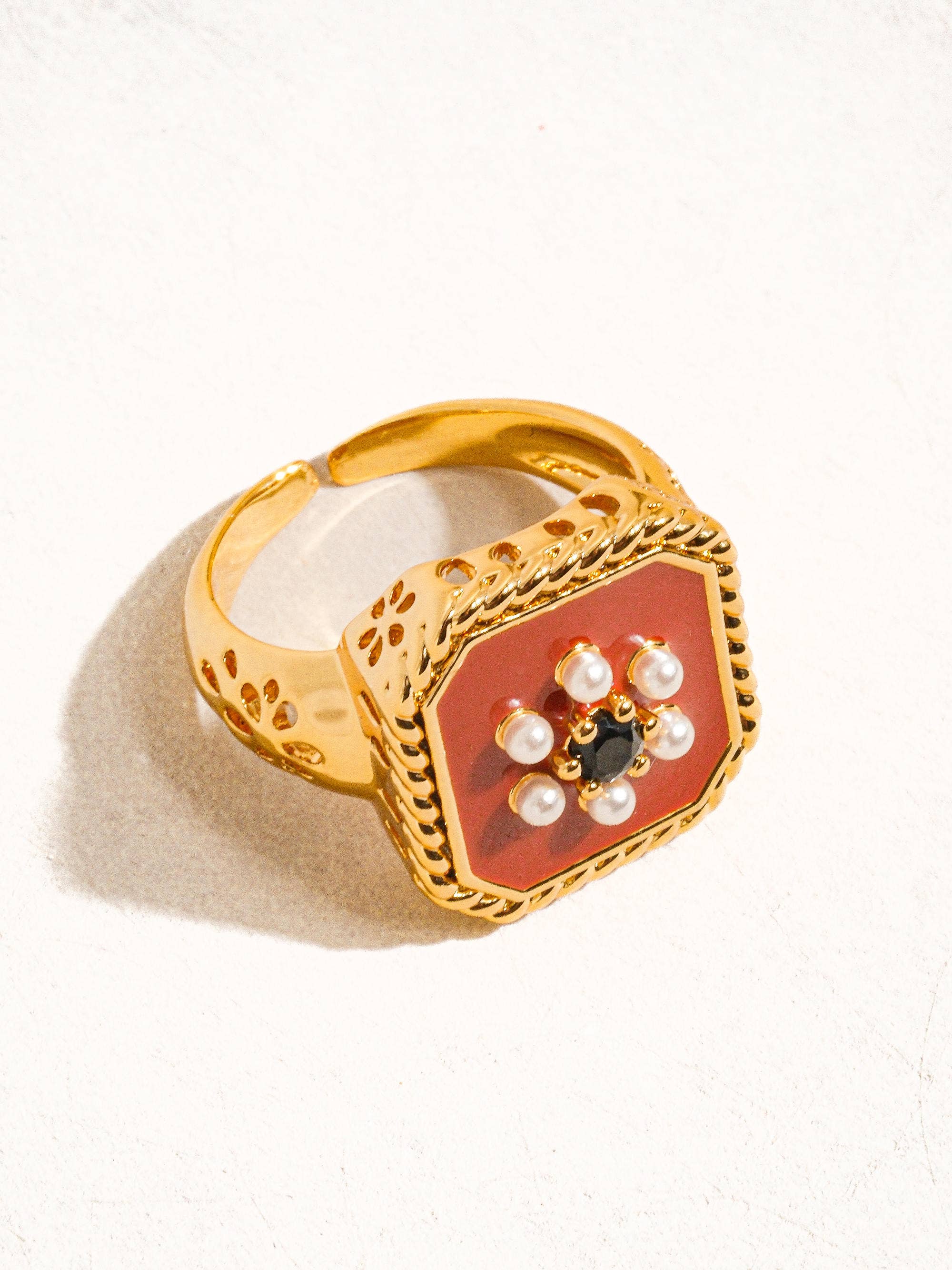 18K Gold Red Enamel Vintage Adjustable Ring