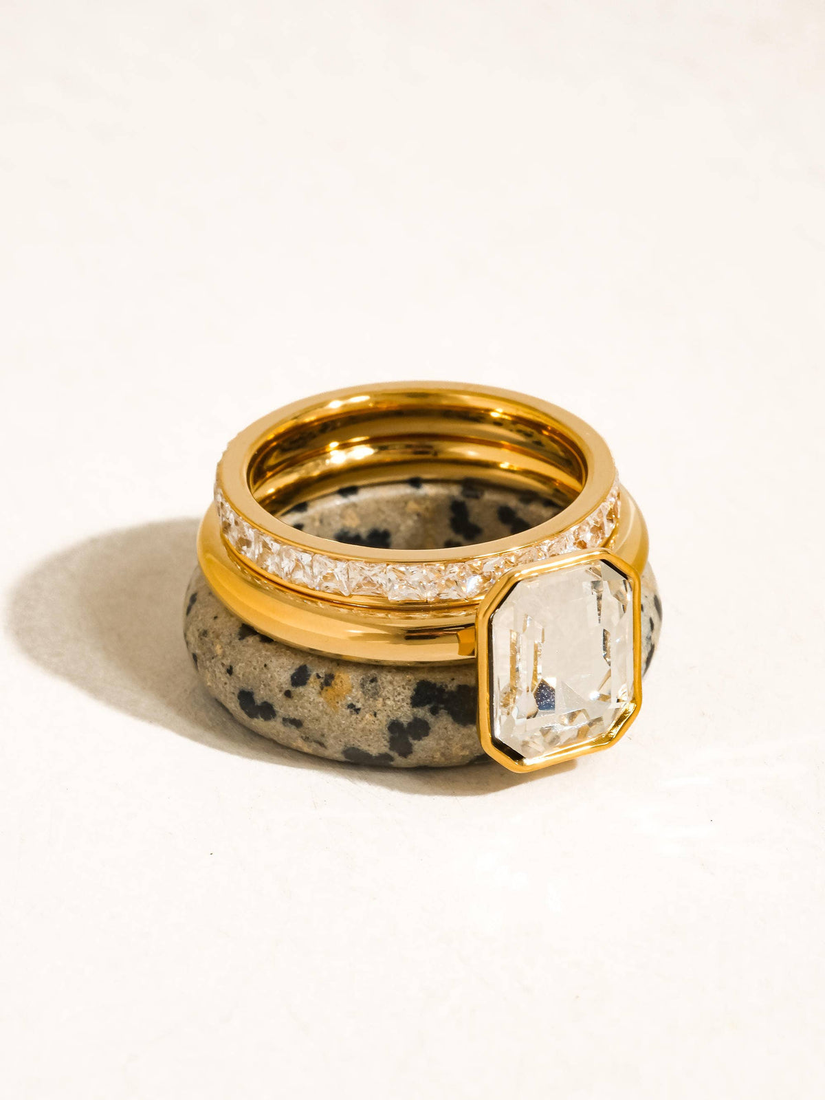 Stone 18K Gold Non-Tarnish Dalmatian Stone Mixed Ring Set