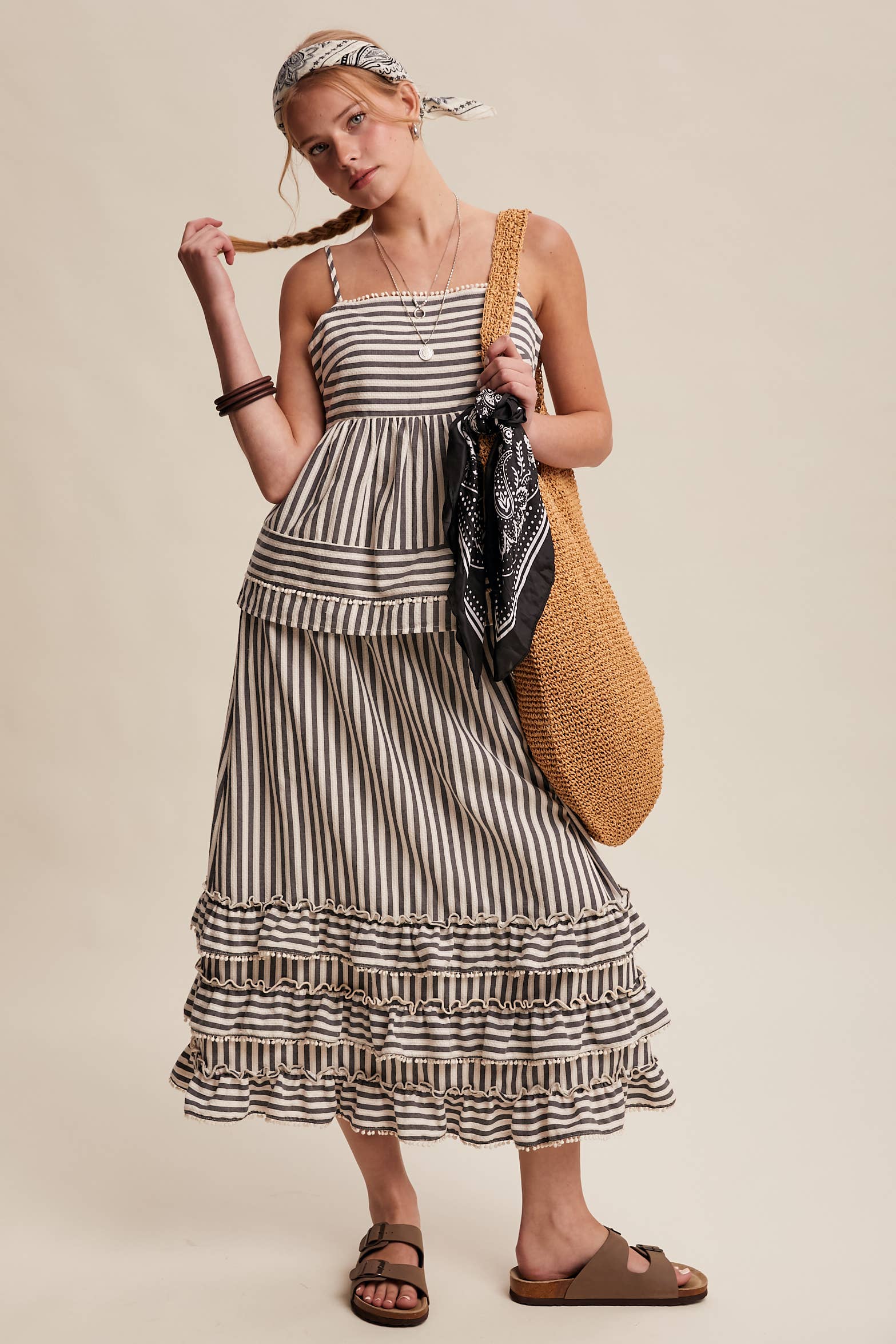 Striped Ruffle Trim Two-Piece Set