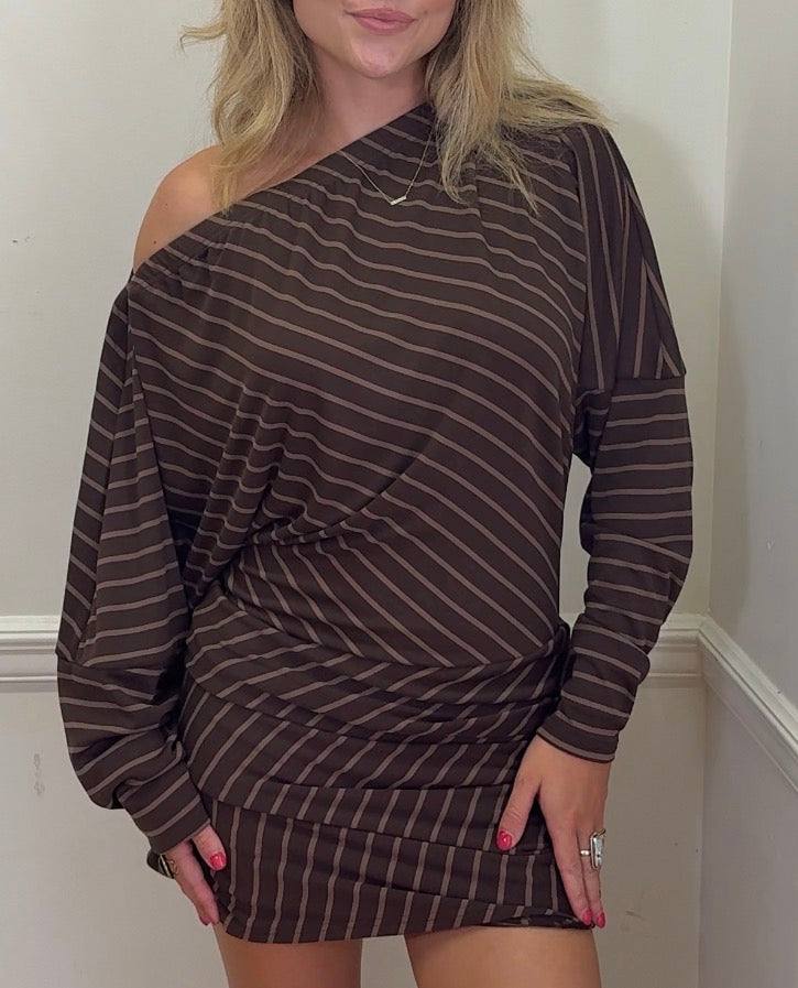 Stripe Crossover Off-the-Shoulder Draped Romper