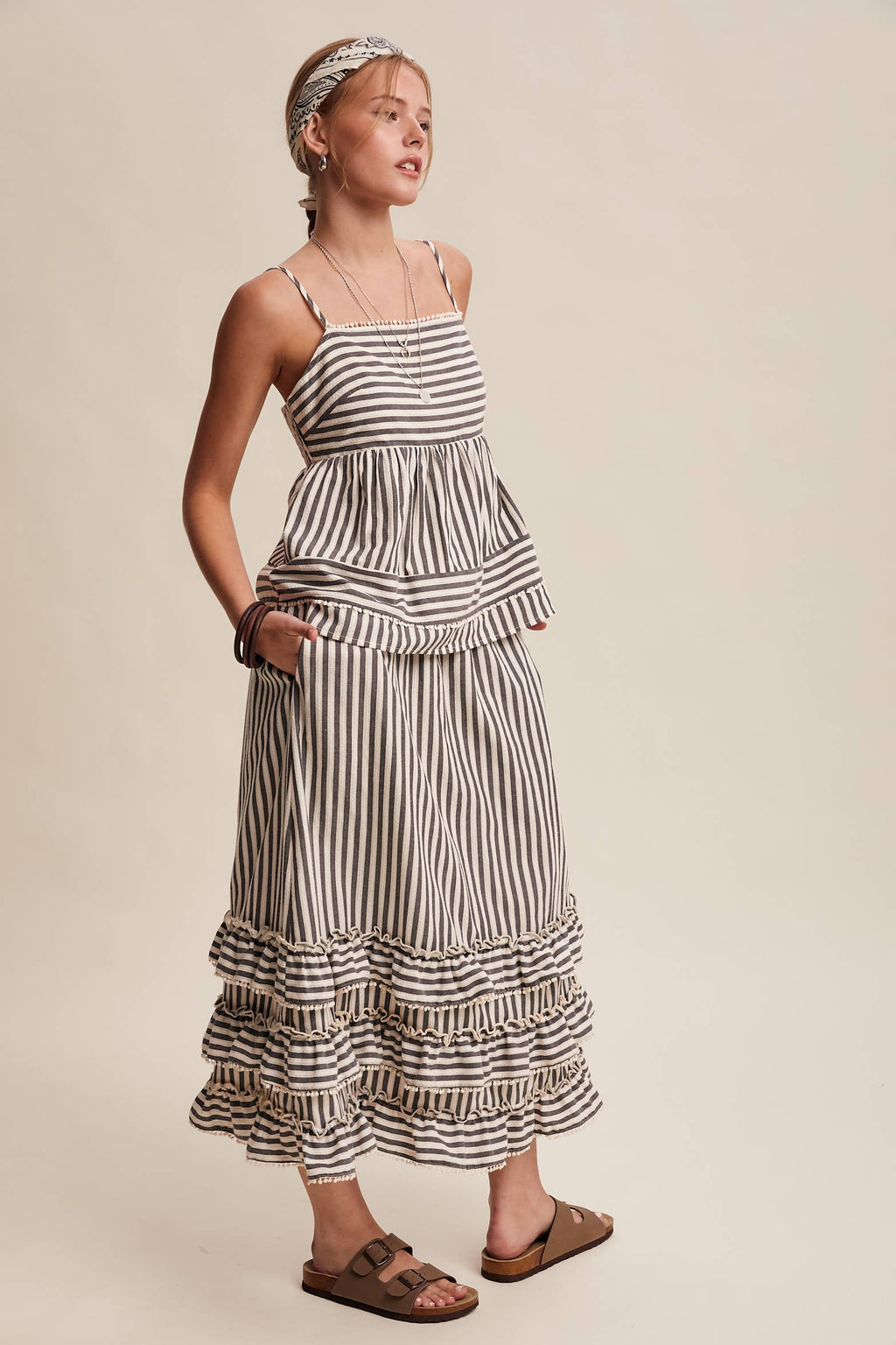 Striped Ruffle Trim Two-Piece Set