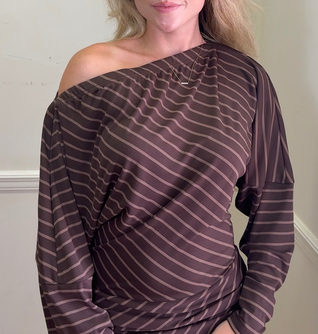 Stripe Crossover Off-the-Shoulder Draped Romper