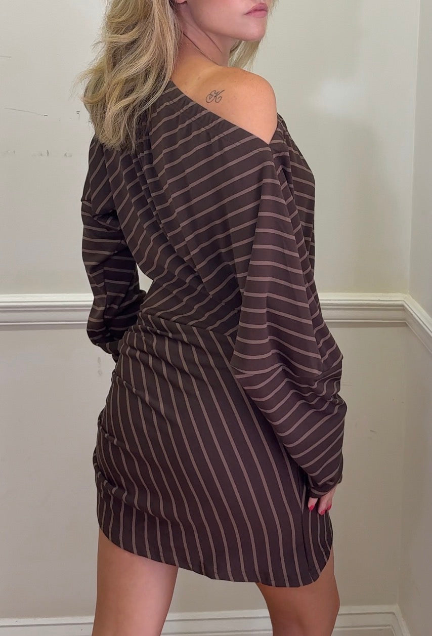 Stripe Crossover Off-the-Shoulder Draped Romper