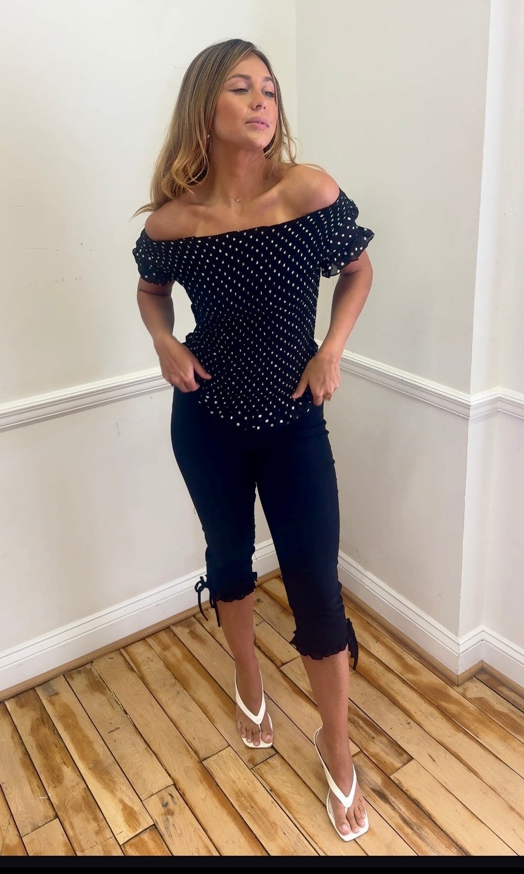 Polka dot smocked short sleeve top