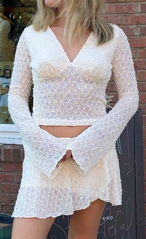 Swiss dot mesh knit top & mini skirt set
