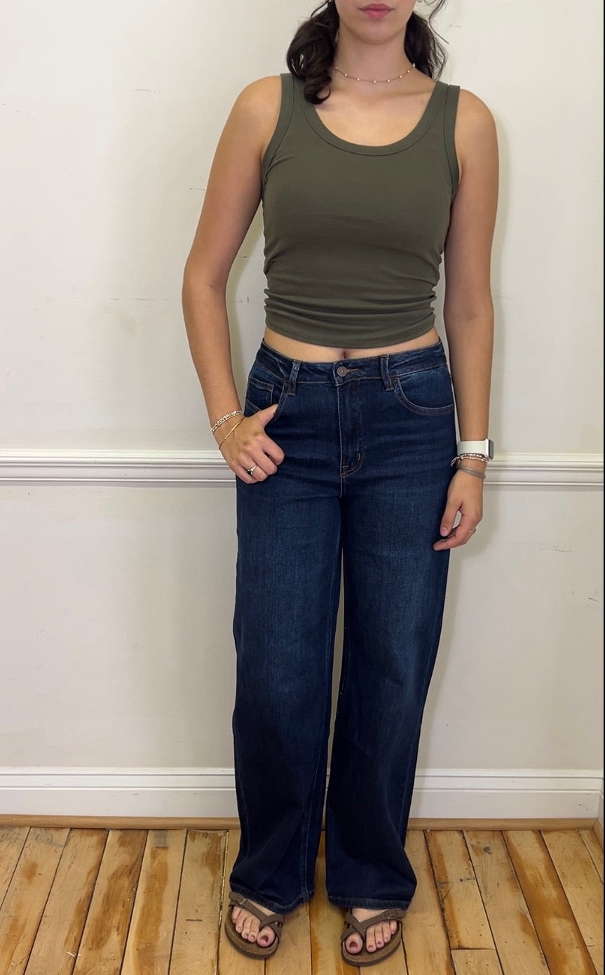 SUPER HIGH RISE FULL LENGTH DARK WASH WIDE JEANS T6937