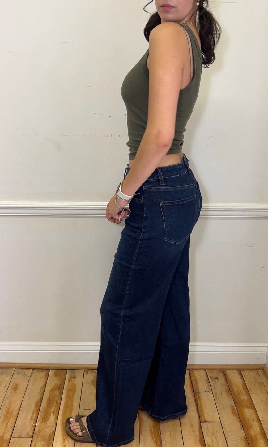 SUPER HIGH RISE FULL LENGTH DARK WASH WIDE JEANS T6937