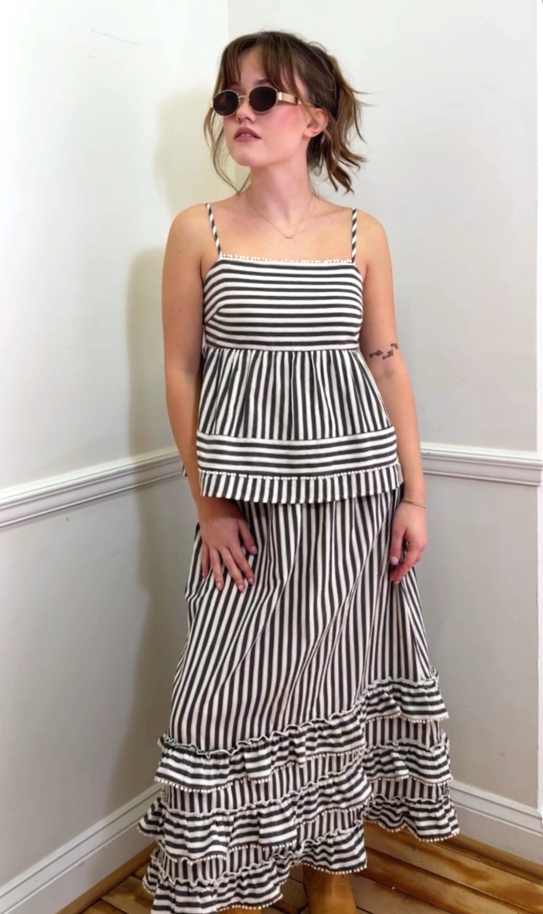 Striped Ruffle Trim Two-Piece Set