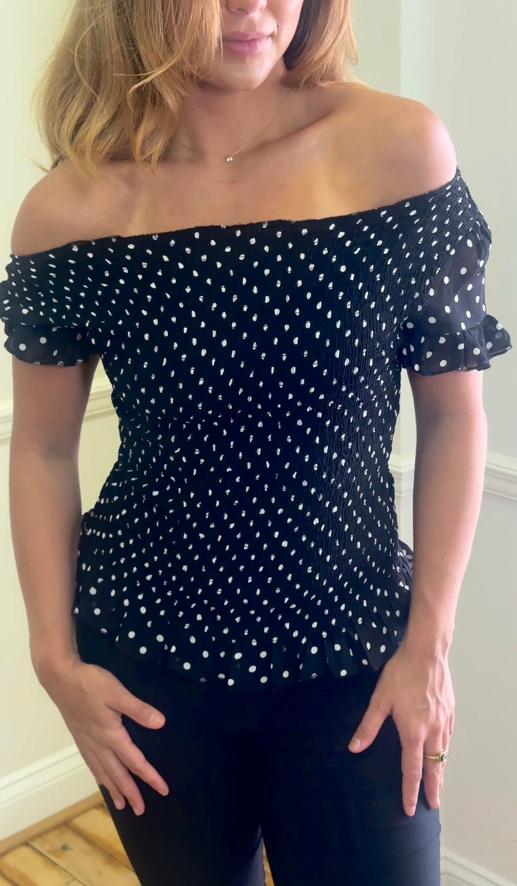 Polka dot smocked short sleeve top