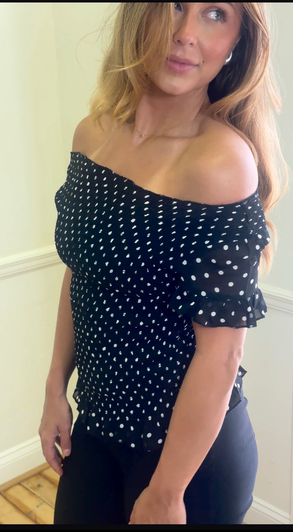 Polka dot smocked short sleeve top
