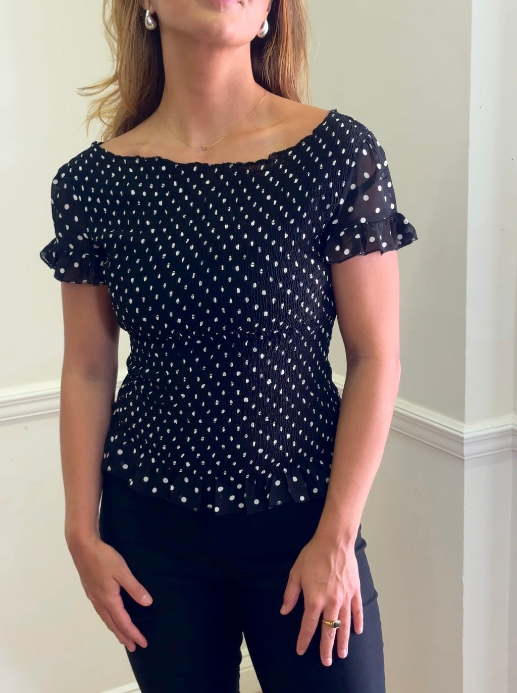 Polka dot smocked short sleeve top