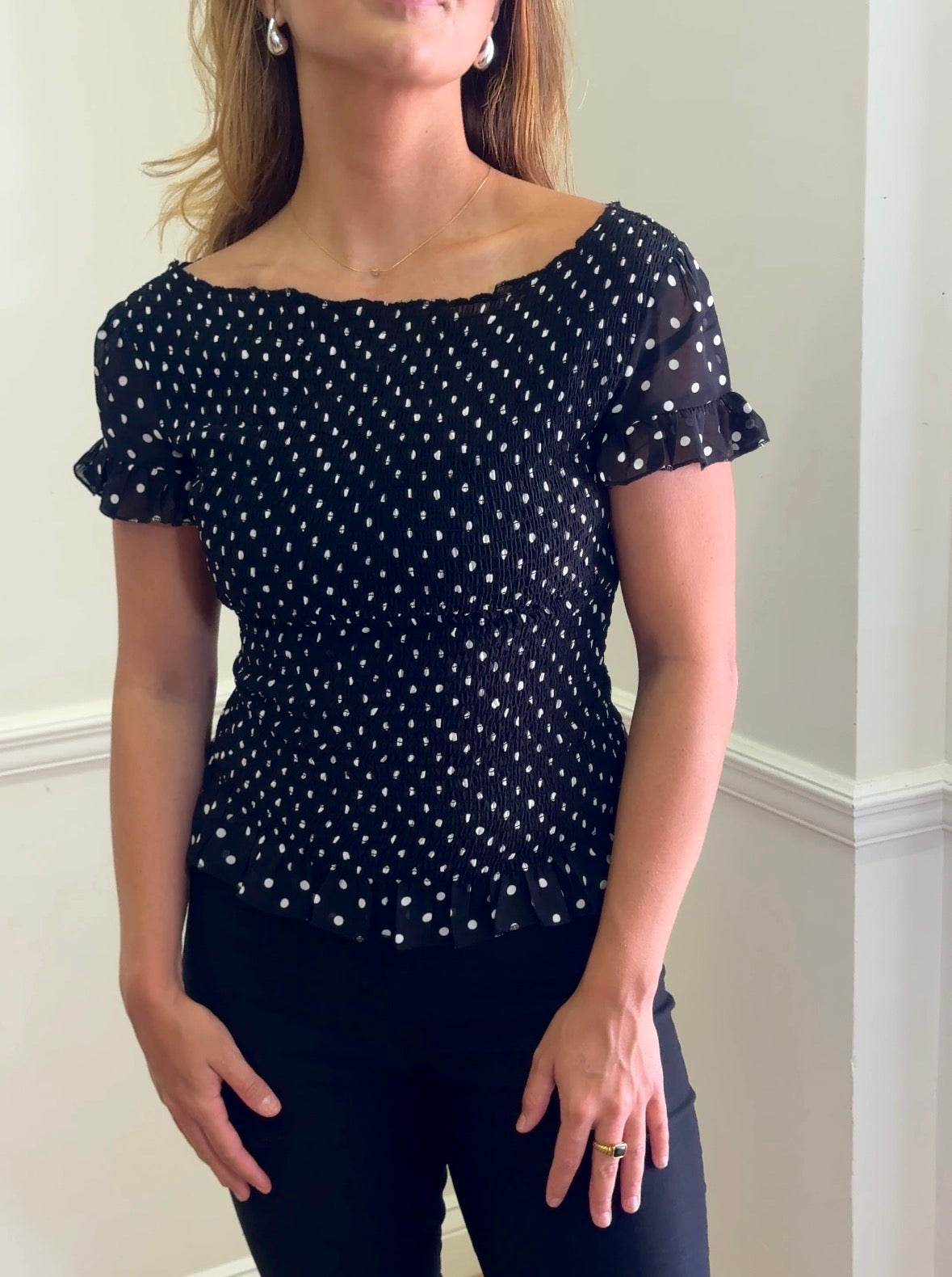 Polka dot smocked short sleeve top