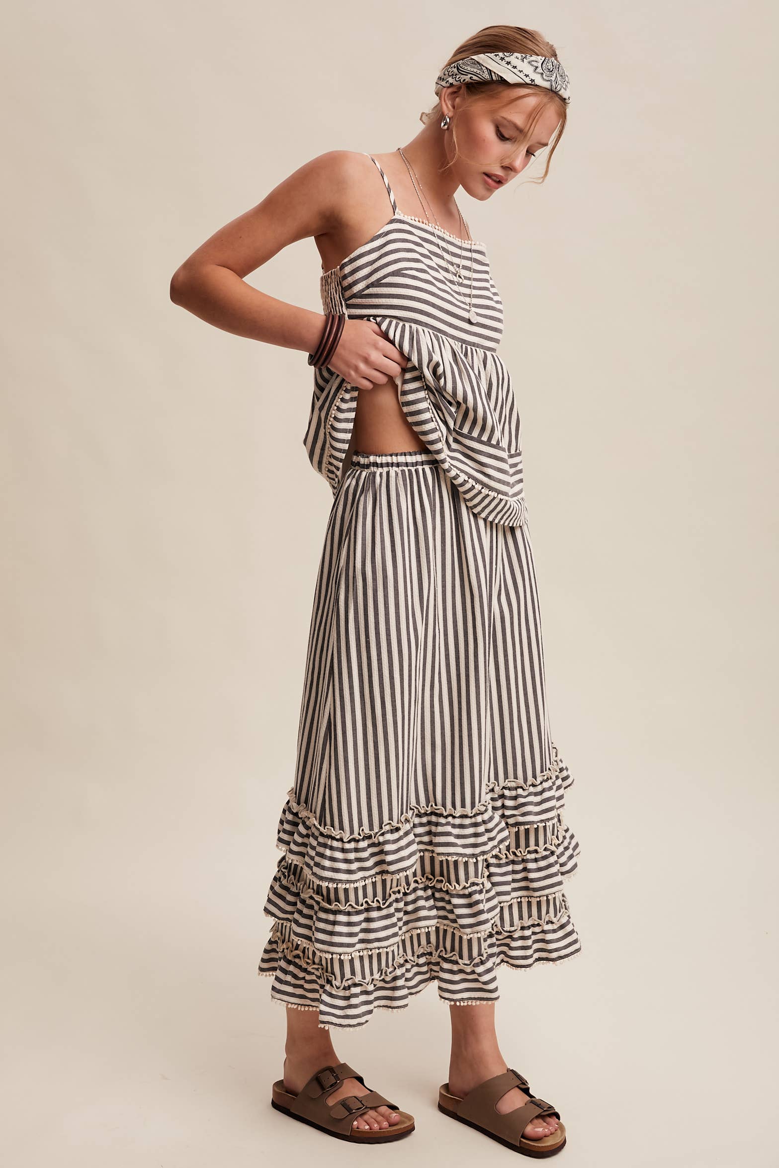 Striped Ruffle Trim Two-Piece Set