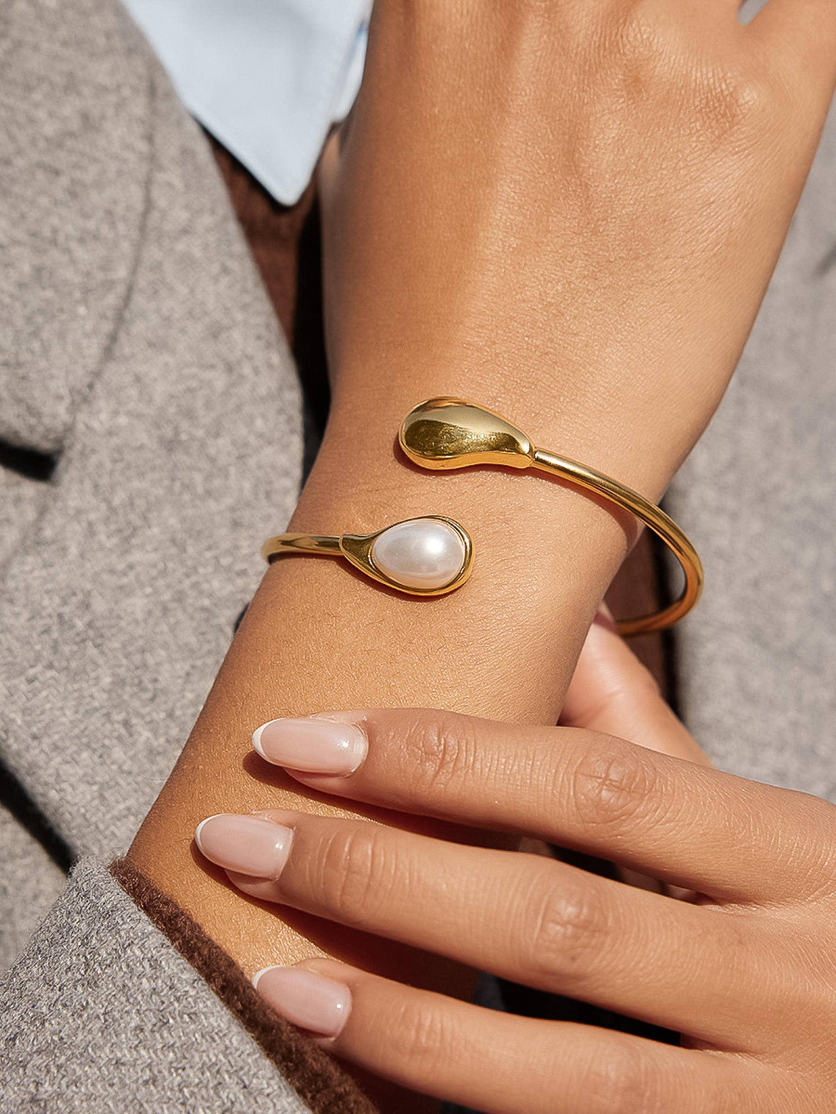 Harbor 18K Gold Non-Tarnish Open Cuff Stone Bracelet