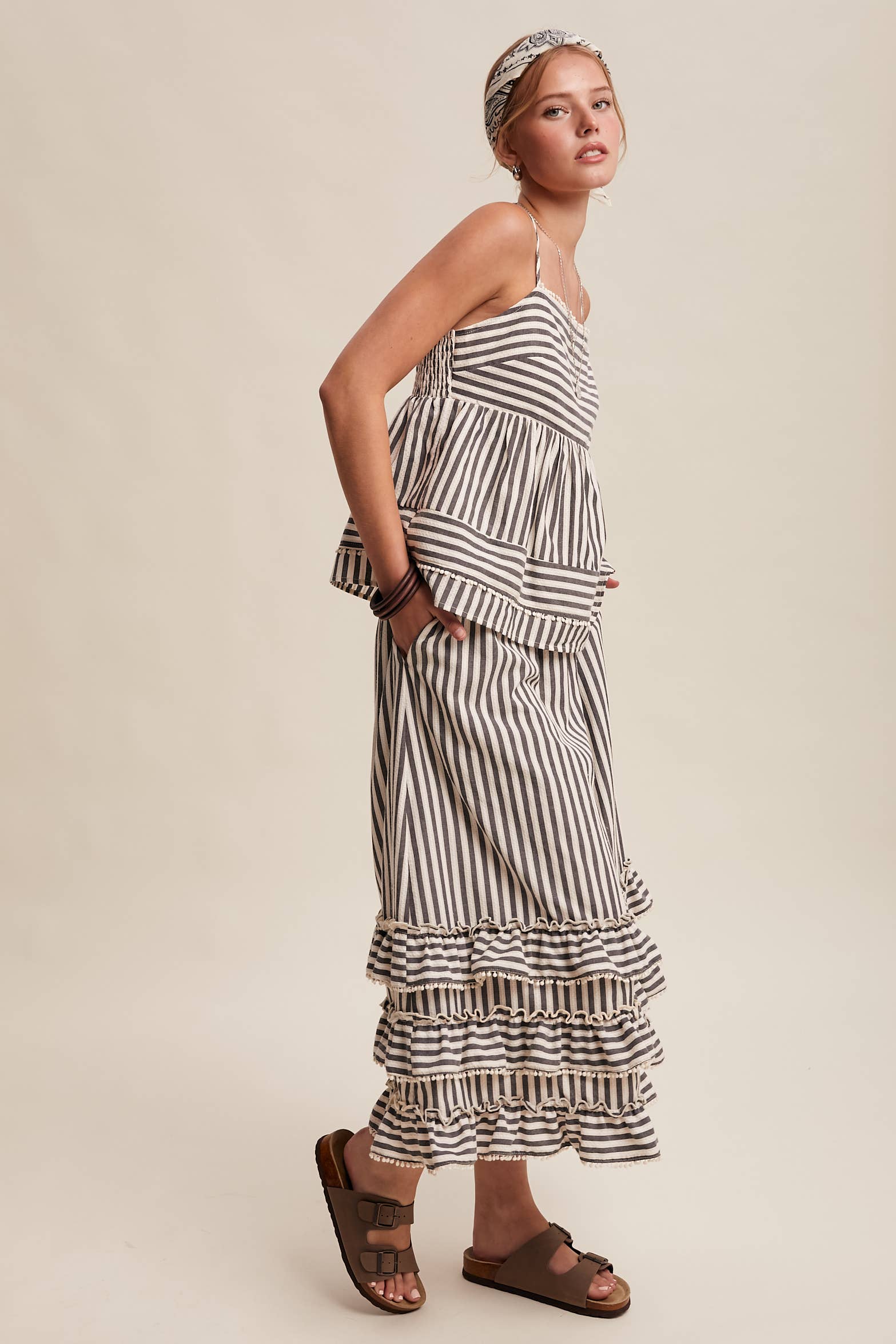 Striped Ruffle Trim Two-Piece Set