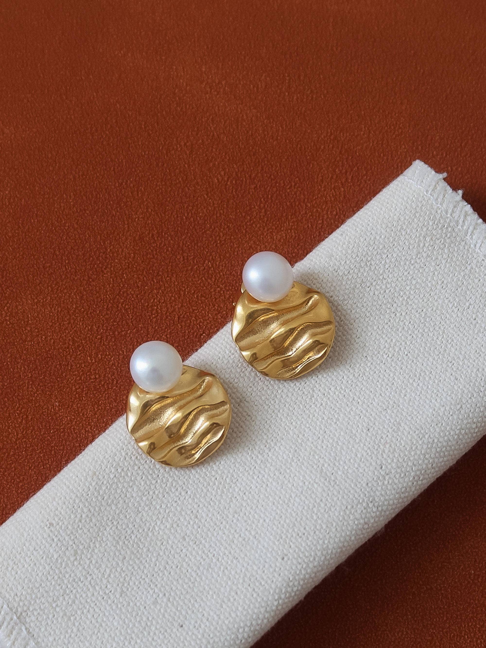 Laurelle 18K Gold Non-Tarnish Textured Pearl Stud Earrings