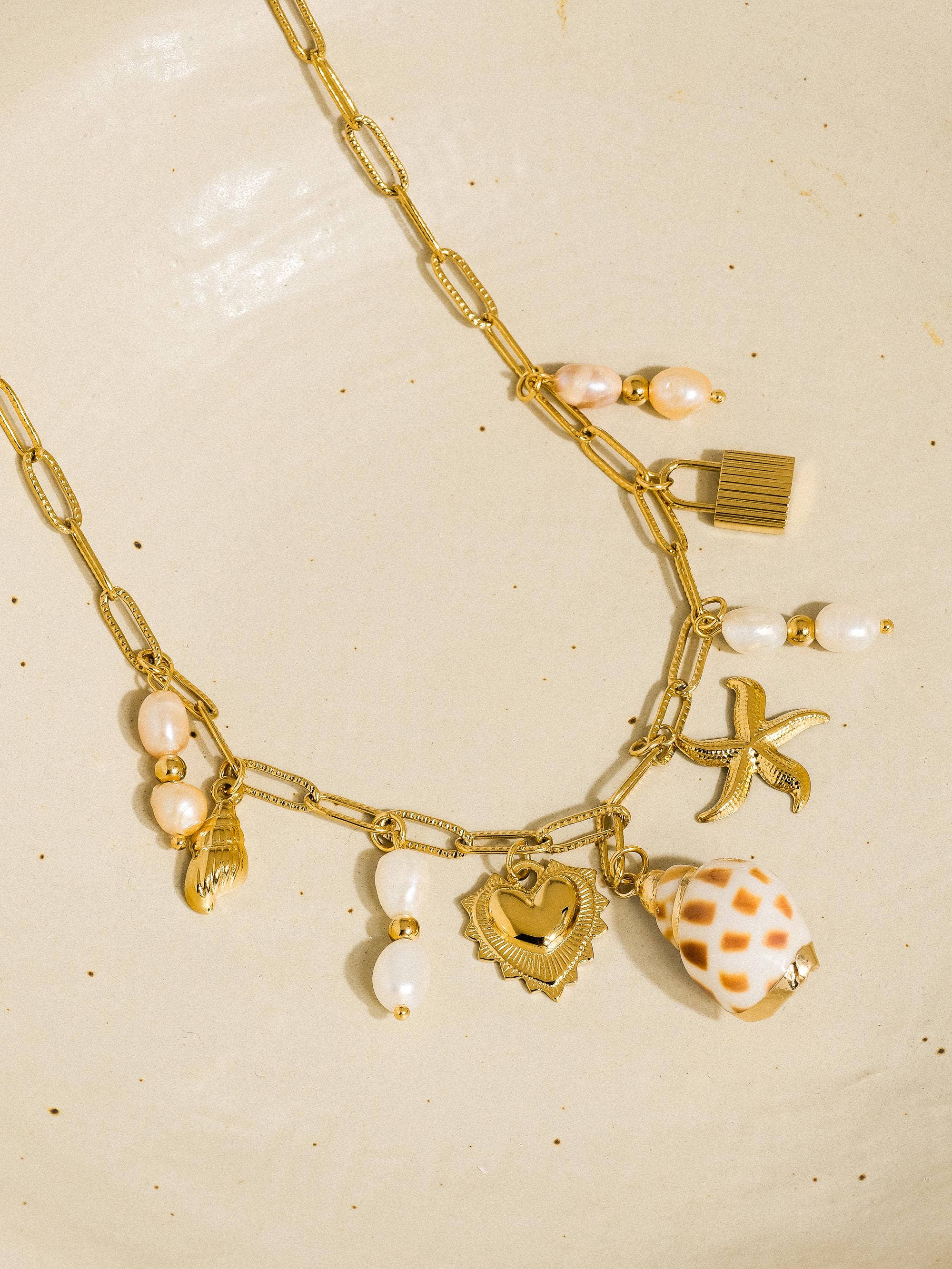 18K Gold Non-Tarnish Shell and Pearl Charm Necklace