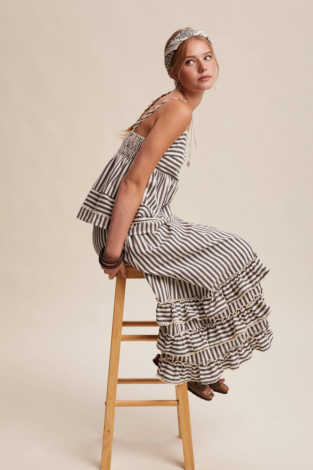 Striped Ruffle Trim Two-Piece Set